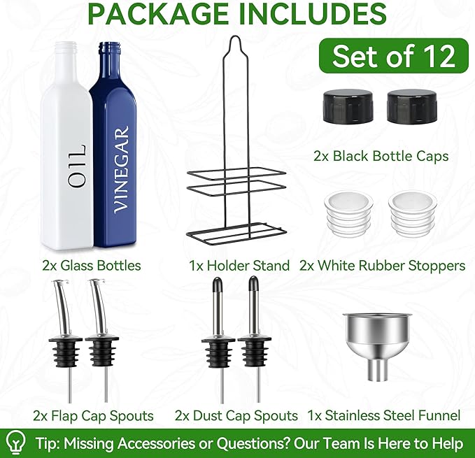 Vakoo Oil and Vinegar Dispenser Set - 17oz/500ml, Extra Thick Glass, Leak-Proof, Olive Oil Dispenser Bottle for Kitchen (White Blue) - Image 2