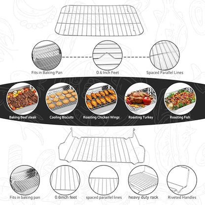 15.5" Stainless Steel Roasting Pans with Handles, Baking Pan for Oven with 2 Racks, Heavy Duty, Dishwasher Safe Rectangular Lasagna Pan with Handles for Turkey Chicken, Silver