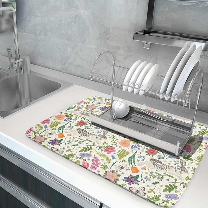 Spring Easter Dish Drying Mat for Kitchen Counter 18x24 Rabbit Bunny Green Pink Floral Vintage Print Absorbent Reversible Microfiber Drying Mats Kitchen Countertop Protector Dishes Drainer Rack Pad - Image 5