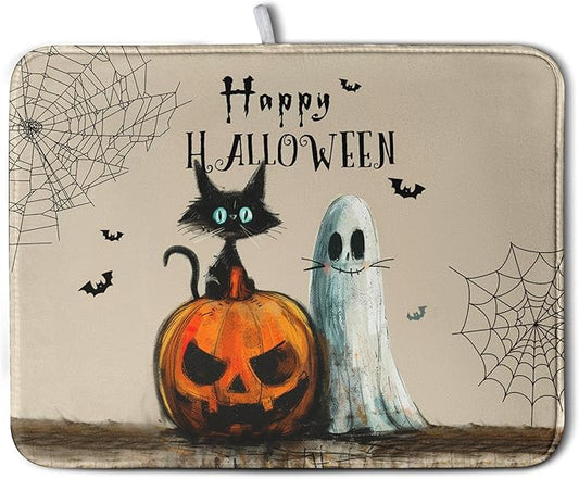 Happy Halloween Dish Drying Mat for Dishs 18x24 Inch Halloween Pumpkin Ghost Black Cat Kitchen Drying Mat Spooky Spiderweb Holiday Dish Drainer Mat Super Absorbent Dish Rack Pad for Coffee Bar Sinks by Kwlegh