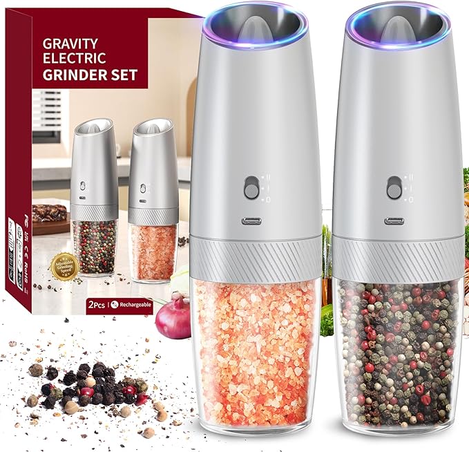 CIRCLE JOY Gravity Electric Salt and Pepper Grinder Set with 2-Speed, Rechargeable Salt and Pepper Grinder Set, Adjustable Coarseness, Whiet LED Light by CIRCLEJOY
