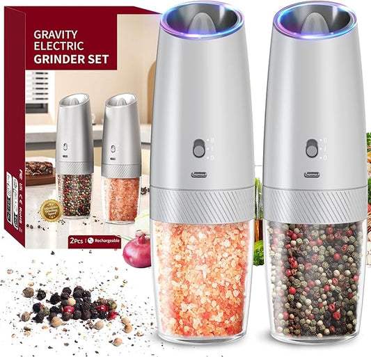 CIRCLE JOY Gravity Electric Salt and Pepper Grinder Set with 2-Speed, Rechargeable Salt and Pepper Grinder Set, Adjustable Coarseness, Whiet LED Light by CIRCLEJOY
