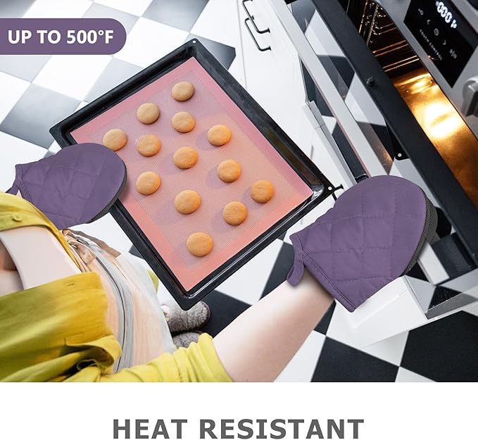 1 Pair Short Oven Mitts - Silicone Kitchen Oven Gloves High Heat Resistant 500℉, Mini Oven Mits with Non-Slip Grip Surfaces and Hanging Loop for BBQ, Baking, Cooking and Grilling (Purple) - Image 2