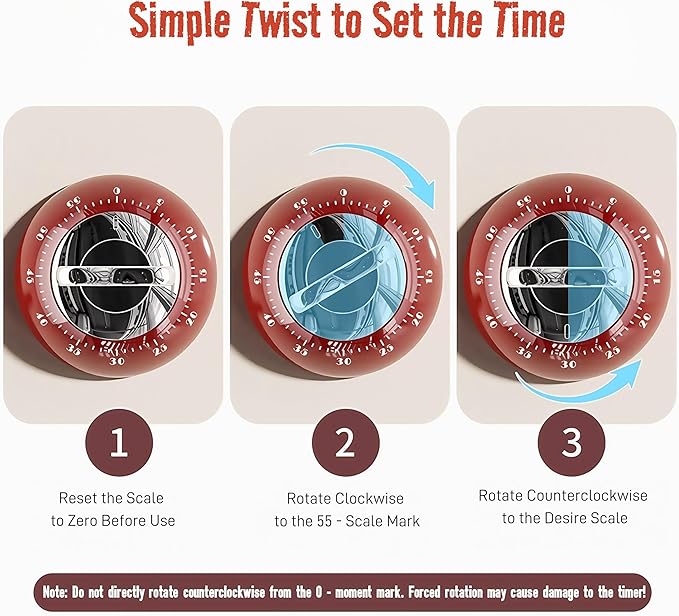 Magnetic Mechanical Kitchen Timer - Wind Up 60 Minutes Countdown Timer, No Batteries Needed, for Cooking, Baking, Classroom, Study & Desk Use (Red)