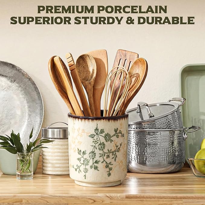 Kitchen Ceramic Utensil Holder Rustic 5.5" Green Floral Utensil Crock for Countertop Tuscany Cooking Tools Storage Caddy for Spatula Spoon Farmhouse Decor Housewarming Gift - Image 5