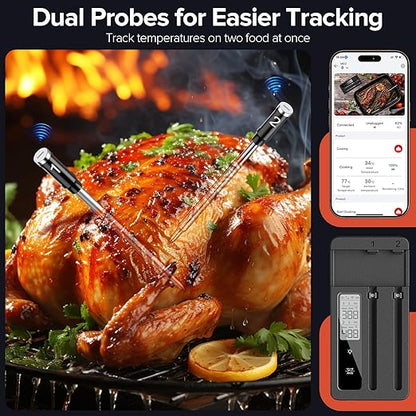 Smart Wireless Meat Thermometer with Dual Probes, Bluetooth & WiFi Combo, Remote Monitoring & Smart Alerts for BBQ, Grill, Smoker, Oven, Air Fryer