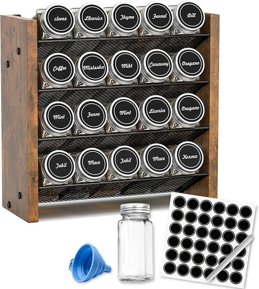 NESAPTO Spice Rack Organizer with 20 Glass Spice Jars, Wood 4-Tier Seasoning Organizer with Labels for Cabinet, Pantry, Countertop or Wall Mount, Chalk Marker and Funnel Set, 10.3" W × 9.4" H