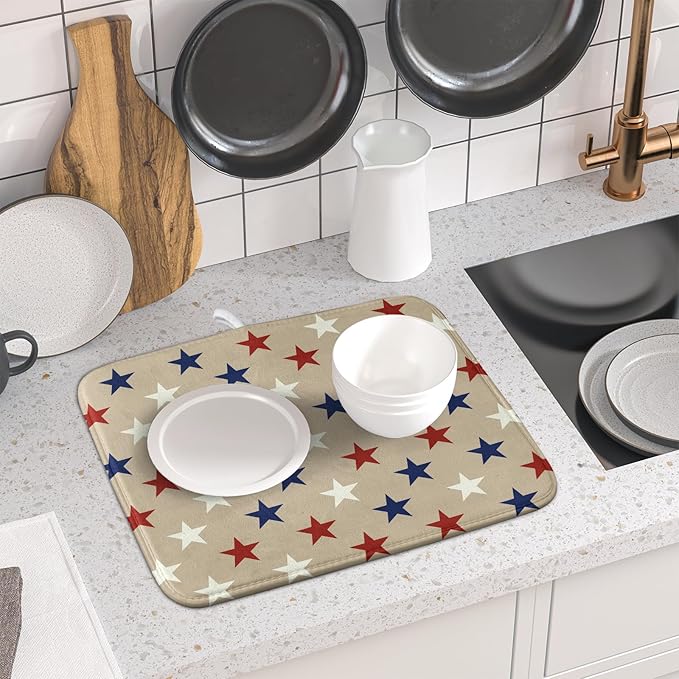 Patriotic July of 4th Blue Red White Star Dish Drying Mat for Kitchen Counter 16x18 Independence Day Absorbent Reversible Microfiber Drying Mats Kitchen Countertop Protector Dishes Drainer Rack Pad - Image 6