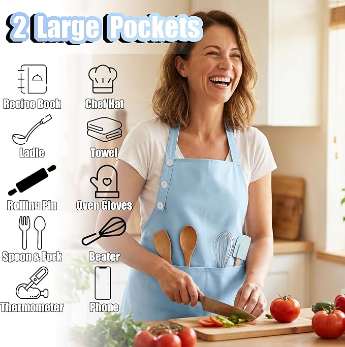 TOSHE Kitchen Apron Waterdrop Resistant Cotton Apron with adjustable Aprons for Women with Pockets 10 Color option Cooking Apron Light Blue (Light Blue) - Image 2