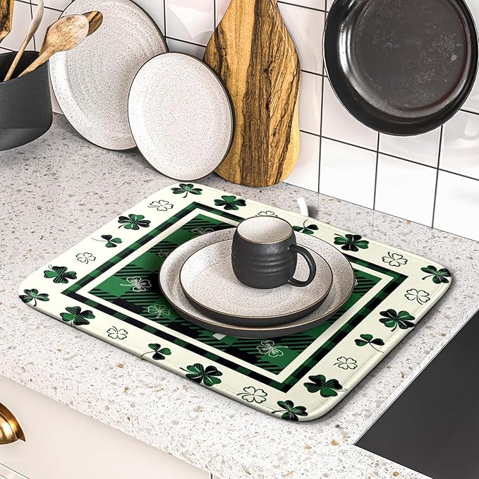 Giwawa Patrick Clovers Dish Drying Mat 16"x18" Lucky Shamrock Spring Leaf Dish Drainer Mats Green Black Buffalo Plaids Absorbent Microfiber Dish Drying Pad for Kitchen Countertop Small Decor