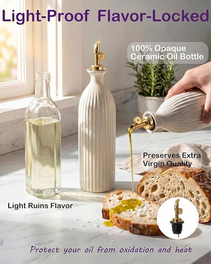 Ceramic Olive Oil Dispenser Bottle with Gold Gravity Spout - 17oz Stoneware Oil & Vinegar Cruet - Opaque UV Protection for Kitchen, Non-Drip Modern Farmhouse Decor - Reactive White