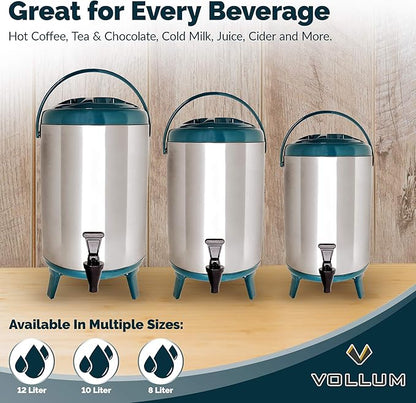 Vollum Stainless Steel Insulated Beverage Dispenser – Insulated Thermal Hot and Cold Coffee Carafe – 12 Liter Drink Dispenser with Spigot for Hot Water, Tea & Coffee, Cold Milk, Juice & More TEAL