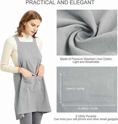 ELEZAY Aprons for Women with Pockets Plus Size Comfort Cross Back No Tie Cotton Linen Apron Pinafore