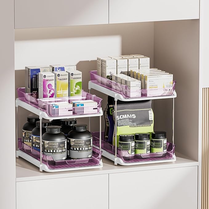Delamu 2-Tier Multi-Purpose Bathroom Under Sink Organizers and Storage, Stackable Kitchen Pantry Organization, Pull Out Medicine Cabinet Organizer with Movable Dividers, Purple, 2 Pack - Image 6