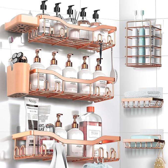 NESOMI Shower Caddy Adhesive Shower Organizer 8-Pack, Rustproof Stainless Steel Bathroom Shelves, Large Capacity No-Drill Rack Storage Accessories with Soap Dish Toothbrush Holder Hooks by OrganizeYourHomeEssentials