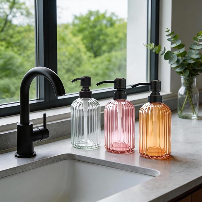 16 OZ Pink Glass Soap Dispenser,Clear Pink Stripe Bathroom Hand Soap Dispensers with Stainless Steel Bronze Pump,Brown Pink Kitchen Hand Soap Dispenser with Oil Rubbed Bronze Pump