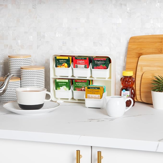 Mind Reader Tea Bag Organizer, Tea Station Organizer, Countertop Storage, Kitchen, Plastic, 10.25"L x 3.25"W x 7.75"H, White - Image 2