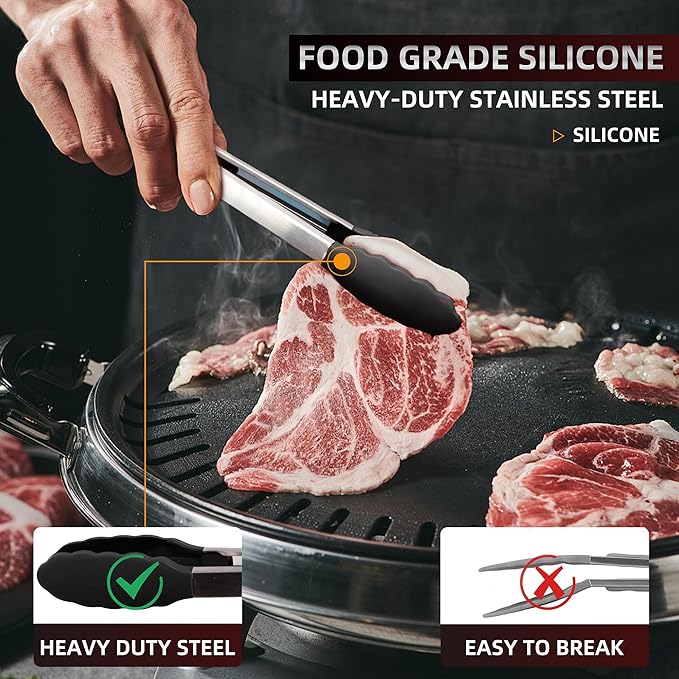 Pack of 3 Stainless Steel Kitchen Tongs with Silicone Tips – Non-Stick Cooking, Grilling & BBQ Tongs for Serving, Dishwasher Safe, 7", 9" & 12", Black - Image 5