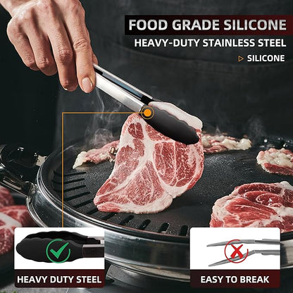 Pack of 3 Stainless Steel Kitchen Tongs with Silicone Tips – Non-Stick Cooking, Grilling & BBQ Tongs for Serving, Dishwasher Safe, 7", 9" & 12", Black - Image 5