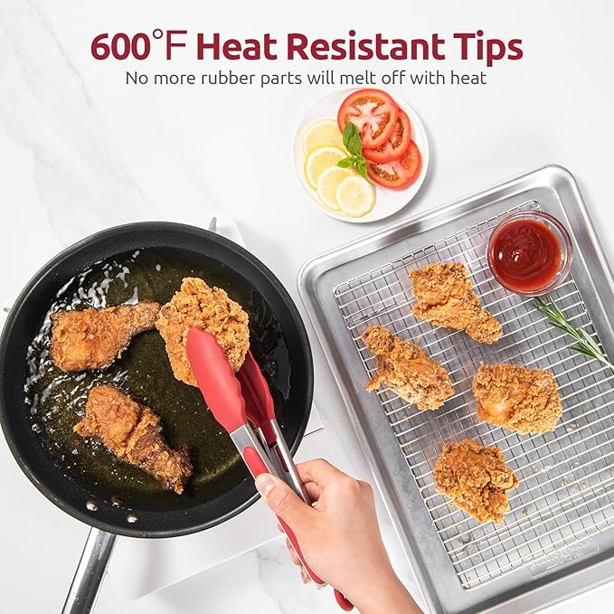 600ºF Heat Resistant Kitchen Tongs: U-Taste 9 inch Silicone Cooking Tong with Firm Sealed Non Stick Rubber Tips & Silicon Coated 18/8 Stainless Steel Handle & Smooth Locking for Serving Salad (Red) - Image 3