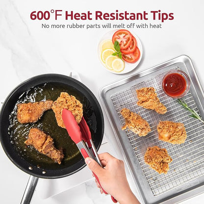 600ºF Heat Resistant Kitchen Tongs: U-Taste 9 inch Silicone Cooking Tong with Firm Sealed Non Stick Rubber Tips & Silicon Coated 18/8 Stainless Steel Handle & Smooth Locking for Serving Salad (Red) - Image 3