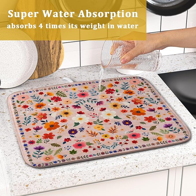 Boho Floral Dish Drying Mat - Pink Wildflower Absorbent Microfiber Kitchen Counter Pad for Home Coffee Bar Decor - Image 7