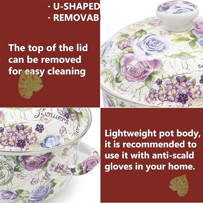 Retro 5QT Flower Enamel on Steel Stock Soup pot with Lid, Stockpots for Cooking,Retro Classic Design - Image 3
