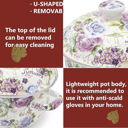 Enamel Stockpot with Lid, 2.5 Quart Retro Cooking Pot, Vintage Floral Stew Bean Simmer Pot with Handle, Kitchen Soup Pot,Retro Classic Design - Image 4
