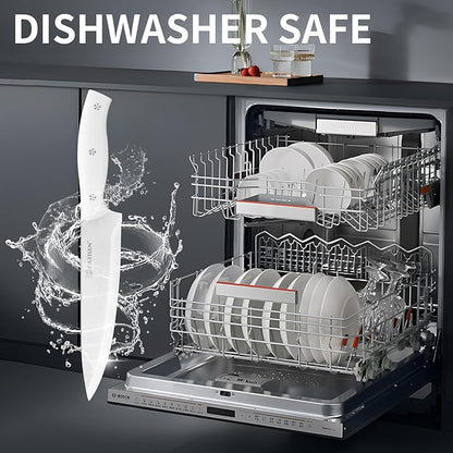 15-Piece White Kitchen Knife Set with Built-in Sharpening Stone, Ergonomic Triple Rivet Fixed Handles, Dishwasher Safe