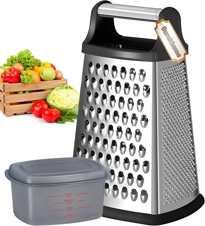 Ourokhome Cheese Grater with Handle, Stainless Steel Box Grater, 4 Side Kitchen Vegetable Shredder Slicer Zester with Container for Parmesan, Cabbage, Ginger, Lemon, Chocolate, Coconut (Black) by Ourokhome