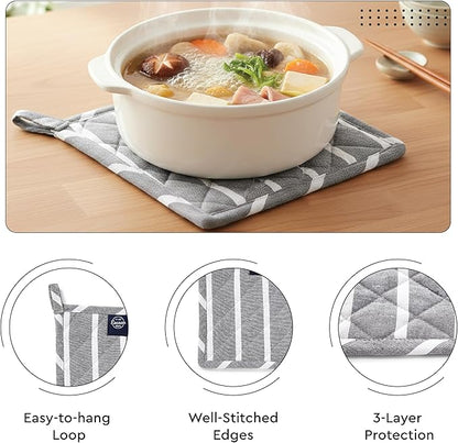 Encasa XO Heat Resistant 100% Cotton Oven Glove & Potholder Set with Loop, Kitchen Cooking Mittens, Microwave Safe Hot Pads (Roma Grey Stripes)