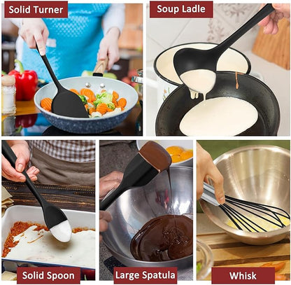 Silicone Cooking Utensils Set of 10, Leonyo Black Kitchen Utensils Set for Cooking, 446°F Heat Resistant Silicone Kitchen Tools with Turner Spatula, Soup Ladle, Serving Spoons for Nonstick Cookware
