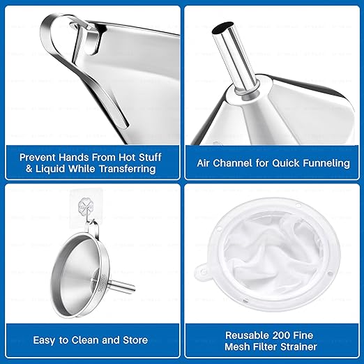 Kitchen Funnel with Strainer and 200 Fine Mesh Filter, 5 Inch Food Grade 18/8 Stainless Steel Fryer Oil Filter Funnel, Funnels for Kitchen use Filling Bottles, Cooking Oil Filter Strainer - Image 3