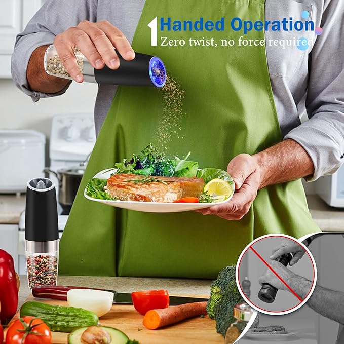 Gravity Electric Salt and Pepper Grinder Set, Battery Powered LED Light One Hand Automatic Operation, Adjustable Coarseness Mill Grinders Shakers Black (A.Black 2p)