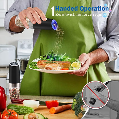 Gravity Electric Salt and Pepper Grinder Set, Battery Powered LED Light One Hand Automatic Operation, Adjustable Coarseness Mill Grinders Shakers Black (A.Black 2p)