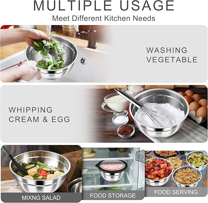 HaWare Mixing Bowls with Airtight Clear Lids, 6-Piece Stainless Steel Strong Nesting Bowls Set, Metal Salad Bowl for Cooking, Prepping, Baking, Serving & Food Storage, Size 4.6, 3, 1.5QT, Black - Image 6