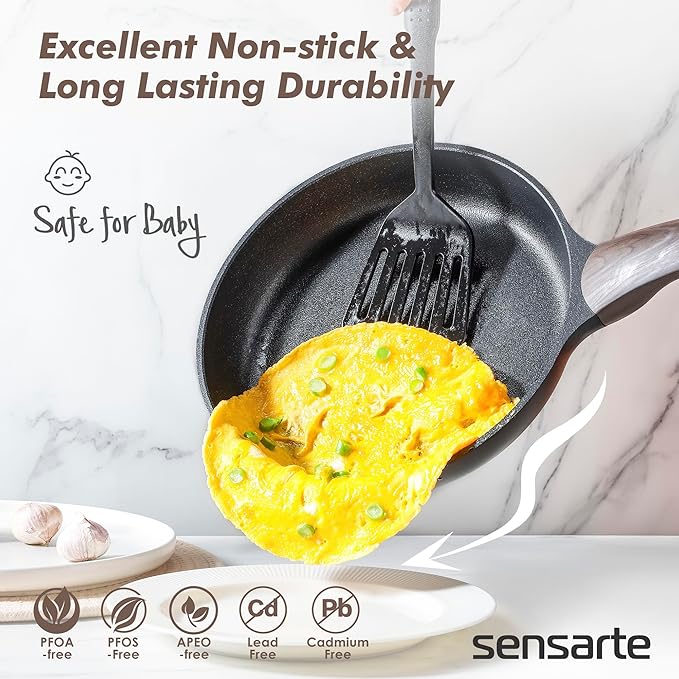 SENSARTE Pots and Pans Set Non stick, Non toxic Healthy Induction Cookware Sets, 14 Pcs Non Stick Kitchen Cooking Set with Frying Pans Set & Saucepan, PFOA PFOS Free, Black - Image 2