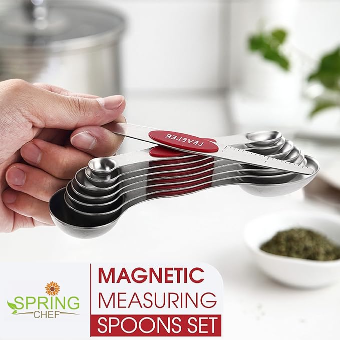 Spring Chef Red Stainless Steel Magnetic Measuring Spoons Set of 8 with Leveler, Metal Teaspoon & Tablespoon Measuring Spoons with Strong Magnets, Kitchen Gadgets for Baking & Cooking - Set of 2 - Image 2