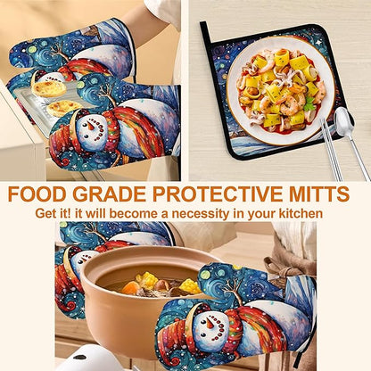 Winter Snowman Oven Mitts & Potholder Set of 4 - Heat Resistant Kitchen Gloves Hot Pads for Baking, Cooking, Gifts for Women