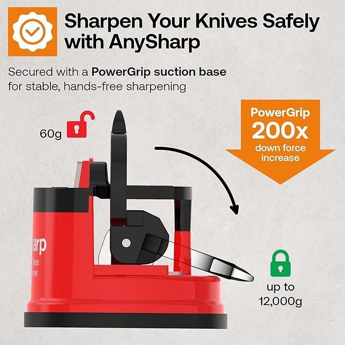 AnySharp – Global – Hands Free Knife Sharpener - Easy to Use Sharpening Tool with PowerGrip Suction Base and 20-Degree Pre-Set Angle - for All Knives: Chef's, Serrated, and Hardened Steel - Red - Image 4