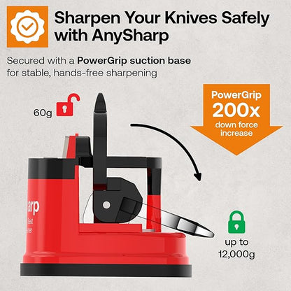 AnySharp – Global – Hands Free Knife Sharpener - Easy to Use Sharpening Tool with PowerGrip Suction Base and 20-Degree Pre-Set Angle - for All Knives: Chef's, Serrated, and Hardened Steel - Red - Image 4