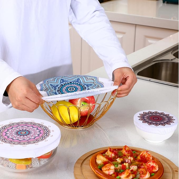 Patelai 10 Pcs Bowl Covers Reusable in 5 Size Stretch Cloth Fabric Elastic Food Storage Bowl Covers Bread Sourdough Lids for Proofing Food Fruits Leftover(Warm Color,Retro Style) - Image 5