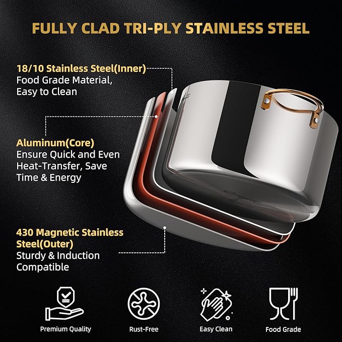 Ciwete 8 Quart Stock Pot with Lid, Upgraded Tri-Ply Stainless Steel Pot, Seamless Soup Pot with Stay-Cool Brass Handle, Healthy Polished Stockpots, Induction Cookware, Oven and Dishwasher Safe - Image 4