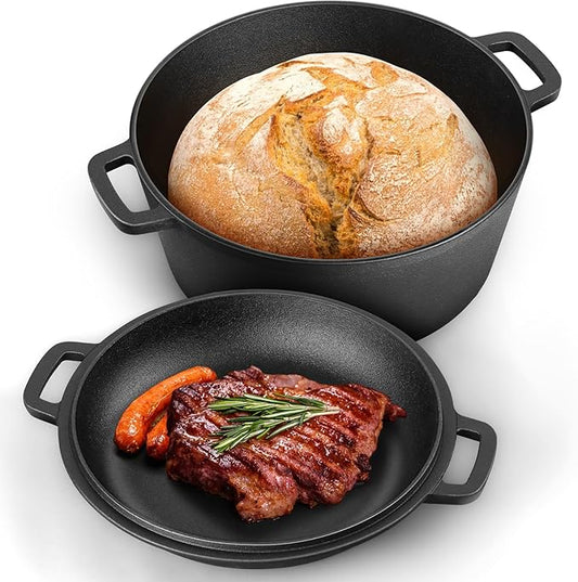 P&P CHEF 5Qt Dutch Oven Pot for Bread Baking (Black), 2 In 1 Round Cast Iron Dutch Oven with Lid Set, Skillet & Pot for Roasting Braising Stewing Frying Simmering, Multi Stoves & Oven Safe by PPCHEF