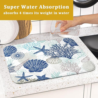 Summer Navy Blue Dish Drying Mat for Kitchen Counter 16×18 Inch Coral Drainer Pad Washable Starfish Dish Rack Pad Drainer Mat Beach Absorbent Reversible Microfiber Dish Drying Pad for Coffee Bar