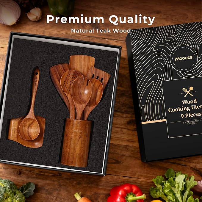 Mooues Wooden Spoons for Cooking, Wooden Utensils for Cooking Natural Teak Wooden Kitchen Utensils Set Comfort Grip(9 PCS SET GIFT BOX) - Image 3