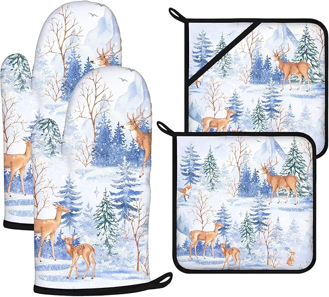 Deer Mitts and Pot Holders Sets 4Pcs,Extra Long Oven Gloves Potholder for Kitchen Cooking Baking BBQ 100% Cotton Heat Resistant by VisittheDuibelproduct
