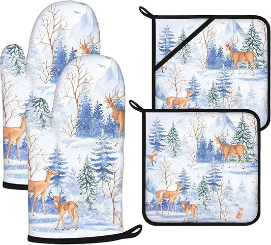 Deer Mitts and Pot Holders Sets 4Pcs,Extra Long Oven Gloves Potholder for Kitchen Cooking Baking BBQ 100% Cotton Heat Resistant by VisittheDuibelproduct