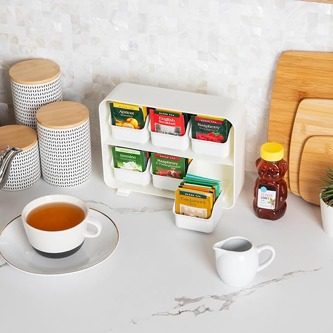 Mind Reader Tea Bag Organizer, Tea Station Organizer, Countertop Storage, Kitchen, Plastic, 10.25"L x 3.25"W x 7.75"H, White - Image 5