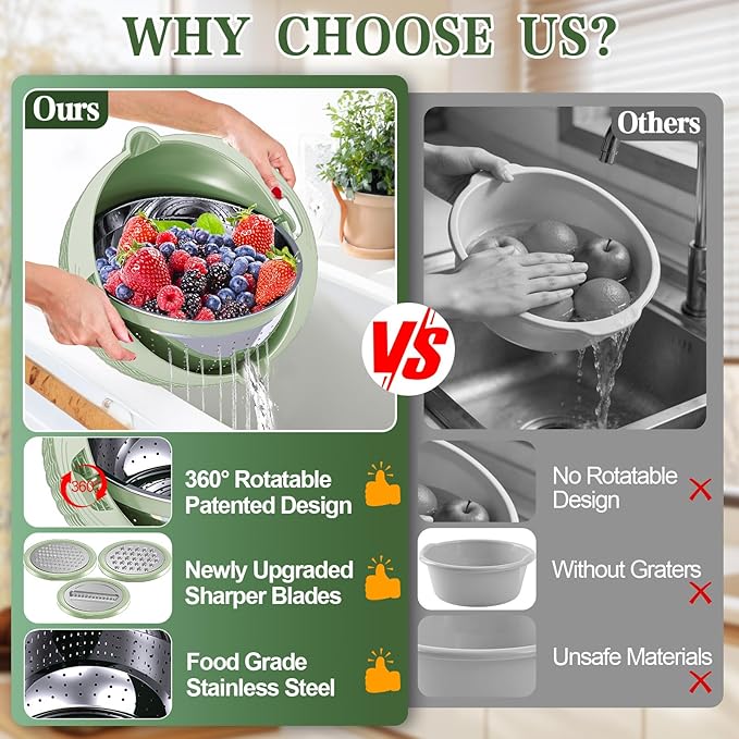 4-1 Colander with Fruit Bowl Set - Colander for Kitchen, Rotatable Strainers and Colanders(Patented), Pasta Strainer with New Upgraded Graters for Fruit, Veggie, Aesthetic Kitchen Essentials - Green - Image 2